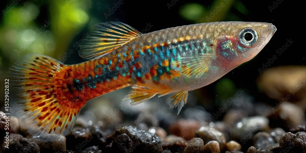 Fototapeta premium Fancy Guppy Fish Macro: Colorful Ornamental Fish in Aquarium with Pebbles, Tropical Fish Photography