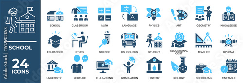 School icon set. Containing classroom, students and teacher icons. Education and knowledge symbol. Solid icons vector collection.