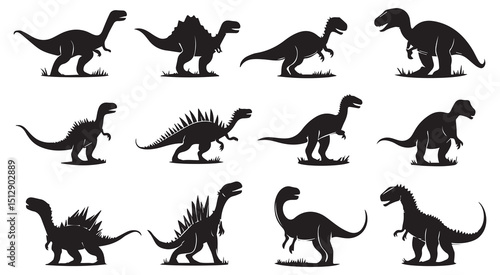 Twelve silhouettes of prehistoric dinosaurs