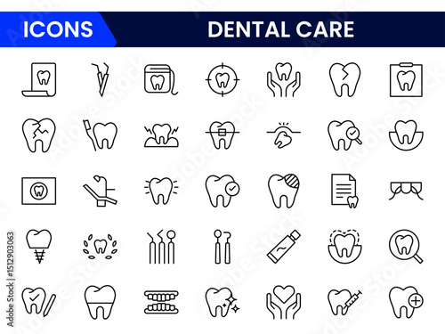 Vector illustration web line icon collection depicting dentist tools, tooth care, dental chair, floss, toothbrush, smiling teeth, cavity treatment, and oral hygiene symbols.