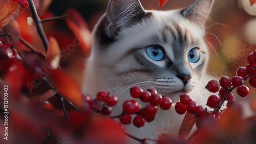 a grey cat with red leaves