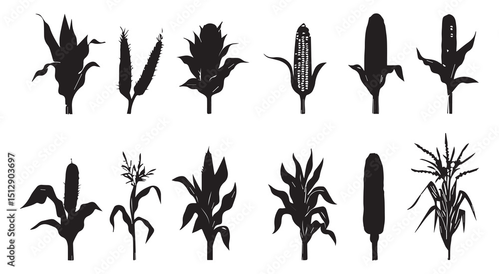 Fototapeta premium Silhouettes of various corn plants and ears