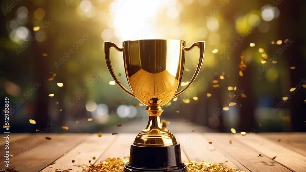 Elegant gold trophy shining on wooden table with falling confetti against a blurred outdoor backdrop representing success and celebration.