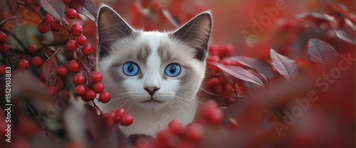 a grey cat with red leaves