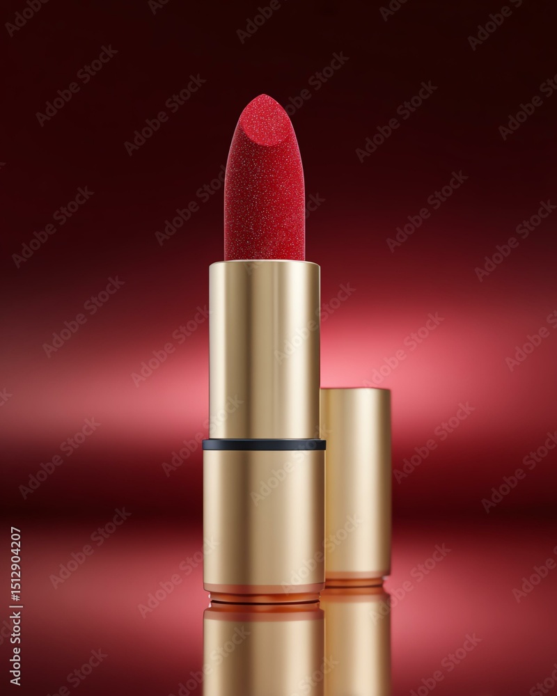 Obraz premium Lipstick product mockup in red-orange beauty tone Vibrant red lipstick in a luxurious gold case, perfect for enhancing beauty and style for any occasion.