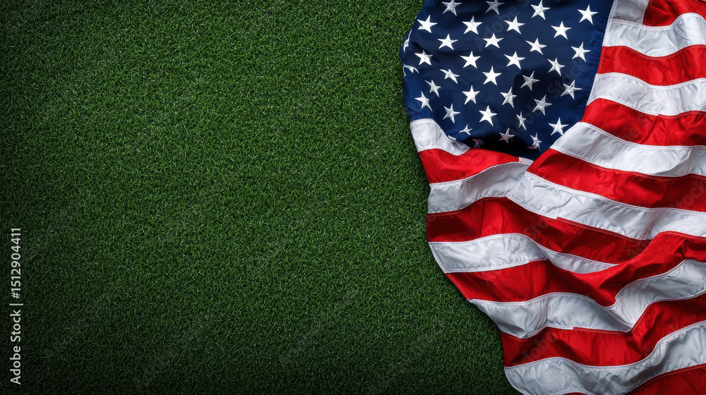 Obraz premium Waving American flag on green grass background, symbolizing patriotism, freedom, and national pride in the United States.