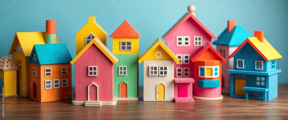 Brightly colored wooden toy houses, architectural shapes, imaginative play, Montessori, craft Brightly colored wooden toy houses, architectural shapes, imaginative play, Montessori, craft