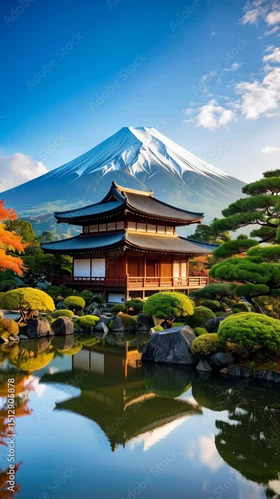 Serene landscape featuring traditional architecture mirrored on a calm pond with snow-capped mountain backdrop under a blue sky Serene landscape featuring traditional architecture mirrored on a calm pond with snow-capped mountain backdrop under a blue sky