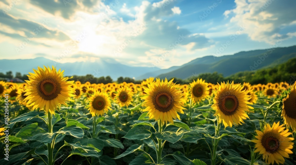 Fototapeta premium Expansive sunflower field basking in the sun with distant mountain views