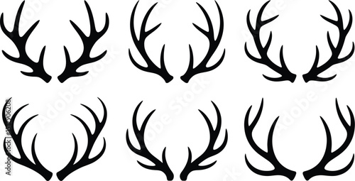 Six sets of black deer antlers arranged in two rows on a white background in a vector style image