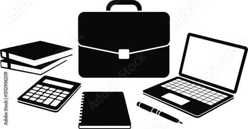 A black and white illustration of a briefcase, laptop, books, calculator, notebook, and pen on a white background