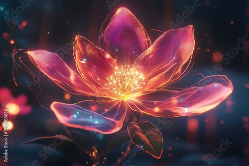 A glowing digital flower made of interlocking geometric shapes, surrounded by soft light and neon glow,  created by ai