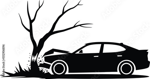 Black silhouette of a car crashed into a tree with damaged front end on a white background scene view