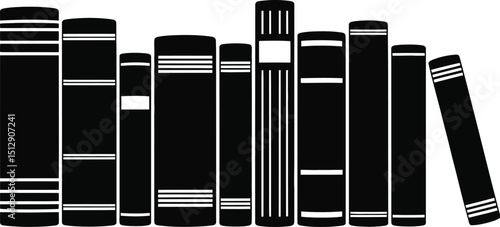 A simple black and white illustration of a row of books with one leaning to the side on a white background