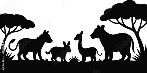 Silhouette of animals including donkeys and llamas standing near trees in a black and white scene