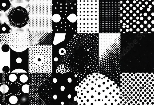 Stylish black and white geometric halftone seamless patterns, various shapes and densities,  trendy,  motif