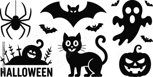 A halloween themed image with a spider, bat, ghost, cat, pumpkin, and a halloween grave scene