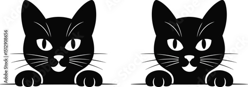 Two black cat silhouettes peering over a white surface with whiskers and paws in a symmetrical design