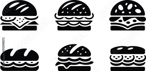 A collection of six black and white burger and sandwich icons in a two by three grid arrangement