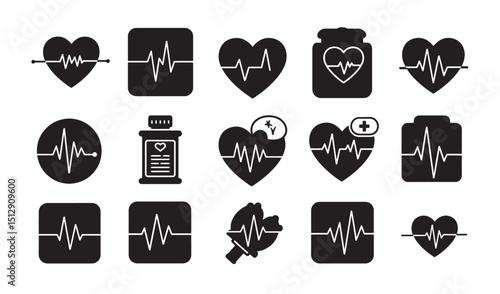 Collection of illustrated silhouette medical icons representing heartbeats and healthcare elements