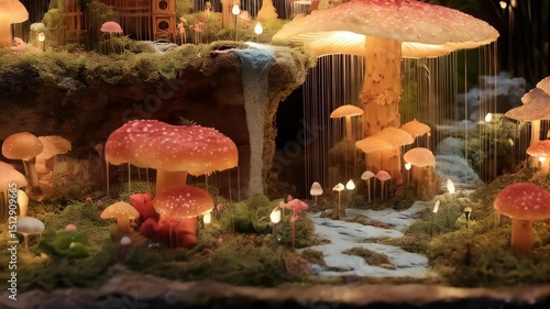 Enchanting miniature mushroom kingdom with glowing caps and delicate waterfalls for magical scenes or fairy tale illustrations