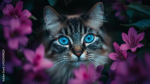 a grey cat surrrounded by purple flowers