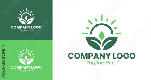 Creative Green Nature Logo Designs with Sun and Leaf for Business Branding