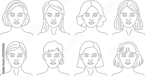 Line art illustration of eight different woman faces with various hairstyles and necklines in black and white