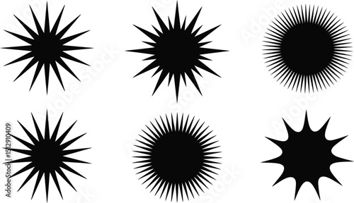 A set of six black starburst shapes with varying spike densities on a white background isolated vector