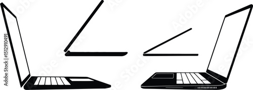 Four black and white laptop illustrations showing different angles in a simple graphic representation