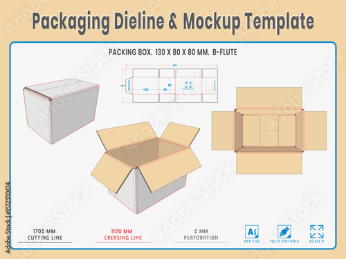 Packaging Dieline and Mockup Template. Dieline Real Shape and Dimension. Mockup Template. Fully editable vector. . Equipped die cut lengths prepared for production.