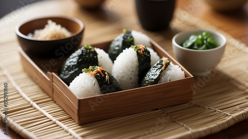 Traditional Japanese rice balls styled simply on tatami, offering a clean, cultural mockup background with space to add text