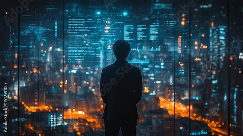 Silhouette of a person looking at a futuristic city skyline through a glass panel with data overlays
