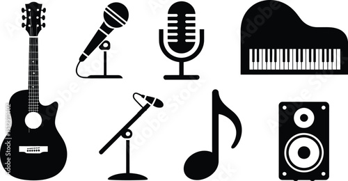 A collection of musical instruments and equipment in black silhouette on a white background design layout