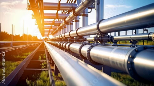 Industrial metallic pipelines carrying fluids or gasses stretch through a natural area into the distance at sunset