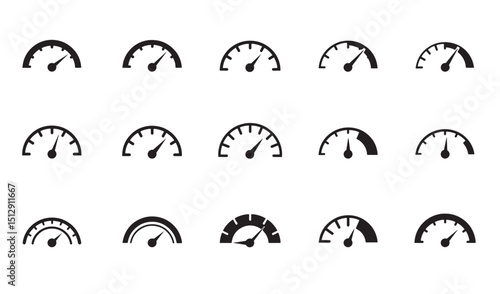 Set of black and white speedometer silhouettes showing various speed and performance indications
