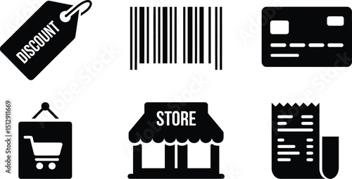 Illustration of discount tag, barcode, credit card, shopping cart, store, and receipt in black