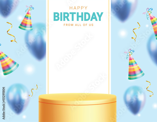 Birthday podium clipart design. Yellow podium with happy birthday greeting text in frame for party celebration stage decoration clip art party hat and blurred blue balloons background vector 
