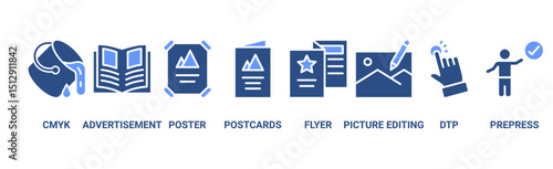 Print banner web icon vector illustration concept with icon of cmyk, advertisement, poster, postcards, flyer, picture editing, dtp, and prepress