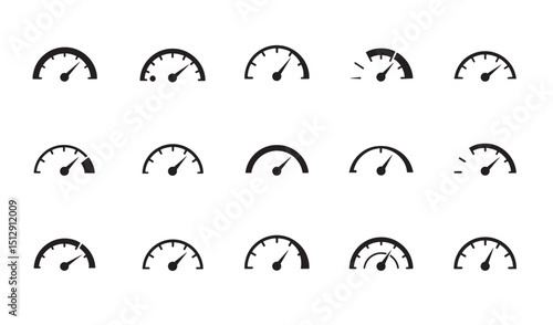 Set of simple black silhouette speedometer icons showing different levels and gauges