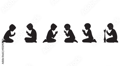 Children praying silhouettes diverse poses faith