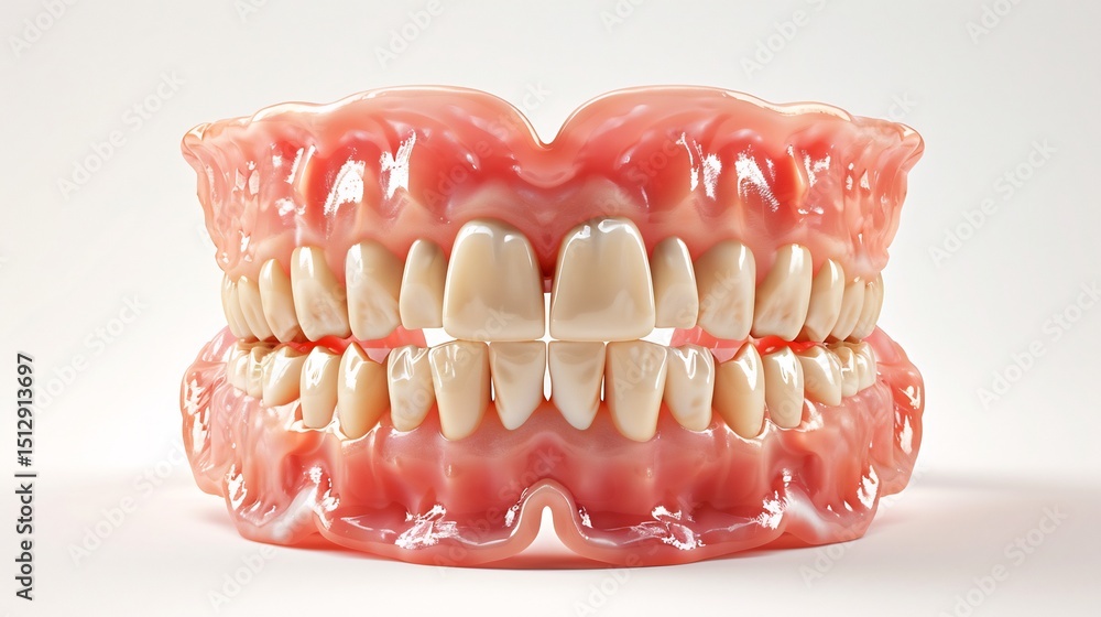 Obraz premium Denture Teeth on Pink Gums Isolated on White Background