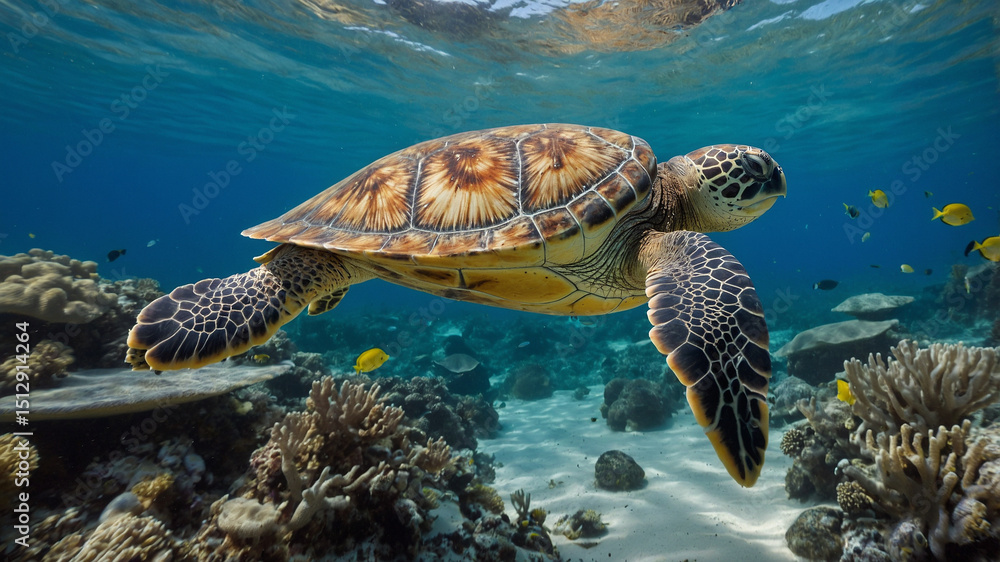 Obraz premium A sea turtle gracefully swimming close to the sandy ocean floor.