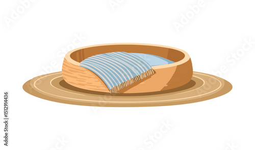 Round Pet Bed with Striped Blue Blanket