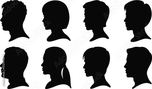 Collection of eight silhouette headshots showcasing diverse hairstyles and facial profiles in black and white