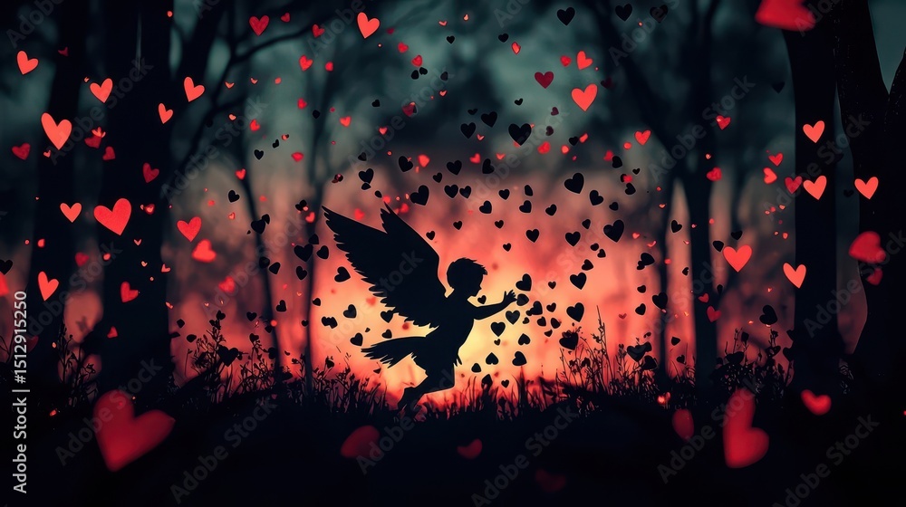 Mystical cupid surrounded by floating love tokens in a twilight forest, ethereal gift distribution Mystical cupid surrounded by floating love tokens in a twilight forest, ethereal gift distribution