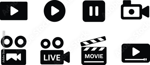 Collection of eight black and white video and movie related icons arranged on a white background