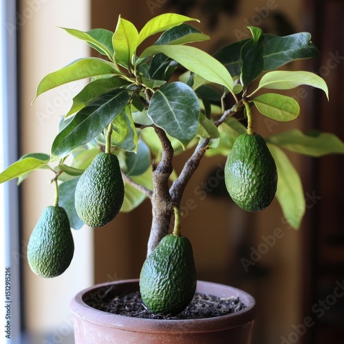 A small, potted avocado bonsai tree with four avocados