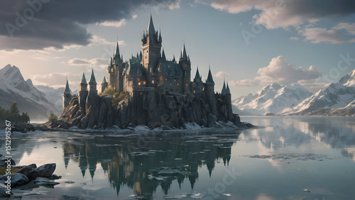 A serene magical lake surrounded by icy mountains, with a glass castle at its center and a unicorn