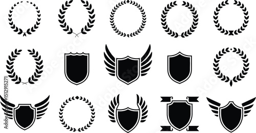 A collection of black and white vector illustrations featuring laurel wreaths and shield designs on white background